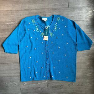 Vintage NWT Cerulean Blue Knit Short Sleeve Paisley Embroidered Cardigan Size 2X